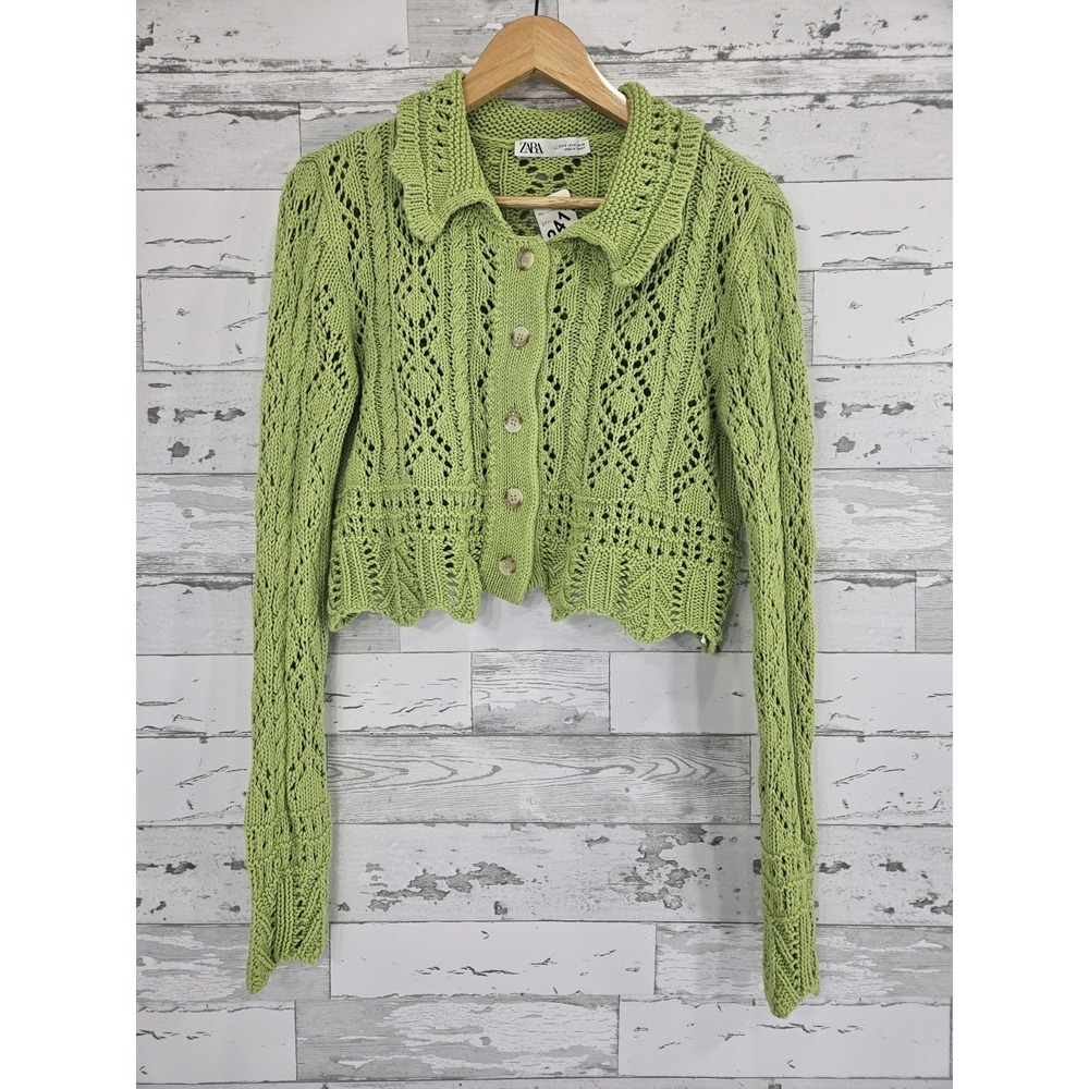 Zara Womens Lime Green Open Knit Cropped Cardigan Sweater Size S Cotton